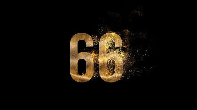 Beautiful Golden Number 66 with golden particles and transparent background, golden number sixty six