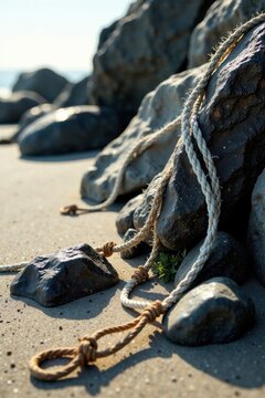Sunlit Coastal Rope and Rocks A Study in Texture and Light