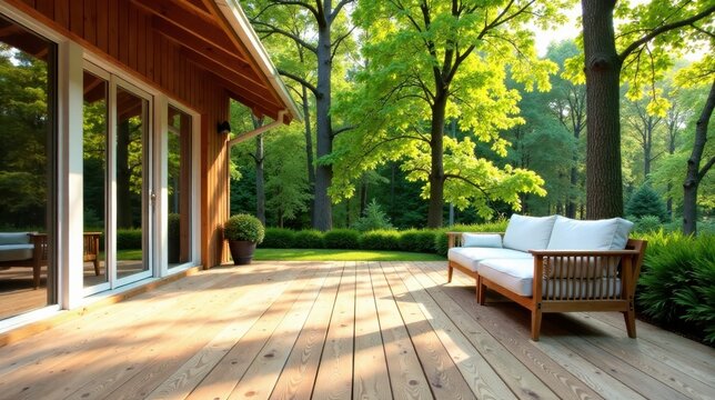 Serene Wooden Deck Patio with a Comfortable Sofa, Overlooking Lush Greenery and Sunlight Through Trees