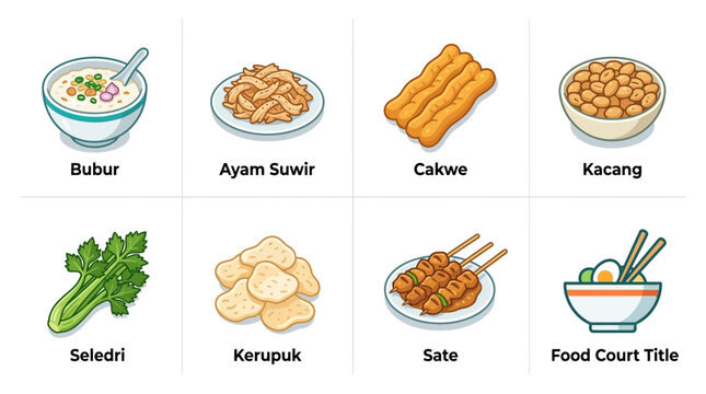 Indonesian Food Ingredients Collage: Bubur, Ayam Suwir, Cakwe, Kacang, Seledri, Kerupuk, Sate