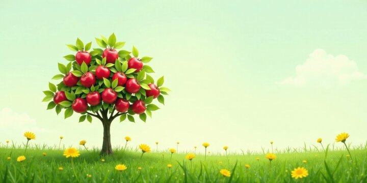 A fruitful apple tree stands proudly in a vibrant meadow, surrounded by cheerful yellow wildflowers under a tranquil pale-green sky.