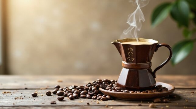 Aromatic Brew in Rustic Setting Steaming Coffee in Elegant Pot with Roasted Beans