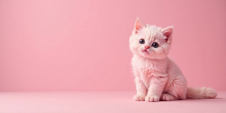 Adorable Fluffy Kitten Posing Against a Pink Background, a Sweet and Gentle Image Perfect for Pet Adoption Campaigns, Greeting Cards, or Children's Book Illustrations