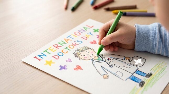 Kid drawing a picture of a doctor to celebrate International Doctor Day. Child using green crayon for artistic greeting card creation. Healthcare appreciation and gratitude concept.