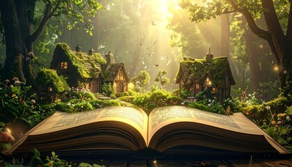 An open book in a lush forest with mossy houses and sunlight © BAKSO