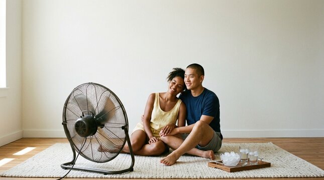 Young couple sitting on a rug in a bright room, enjoying a cool breeze from a large standing fan with a tray of ice cubes nearby