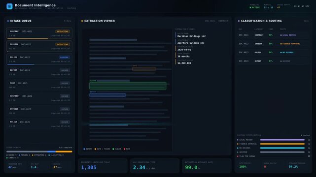 Animated document processing dashboard with intake queue, extraction viewer, classification summary, confidence metrics, and dark mode interface.
