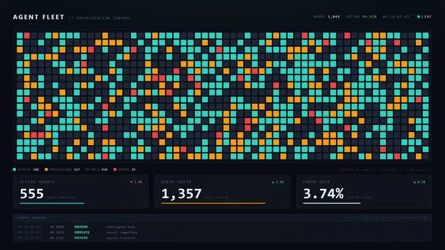 Dark mode AI load balancing dashboard with fleet utilization grid, task queue monitoring, auto scaling metrics, workload distribution, and enterprise operations interface.
