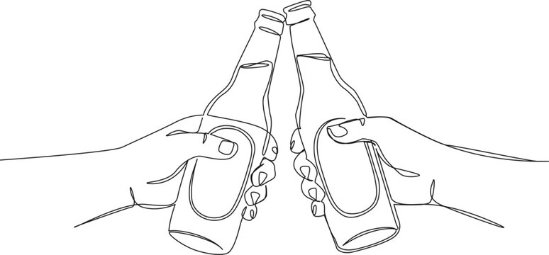 continuous one-line drawing of two hands clinking beer bottles together in a toast, celebration and party concept, line art vector illustration