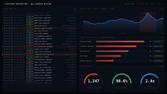 Animated cybersecurity operations dashboard with threat event log, network traffic chart, security metrics, response monitoring, and dark mode interface.