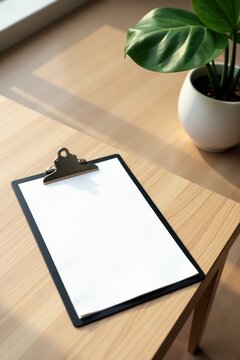 Blank clipboard rests on a light wood table next to a potted plant, bathed in sunlight creating a serene workspace scene.