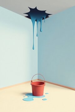 Blue paint spills from ceiling hole onto floor, near empty bucket