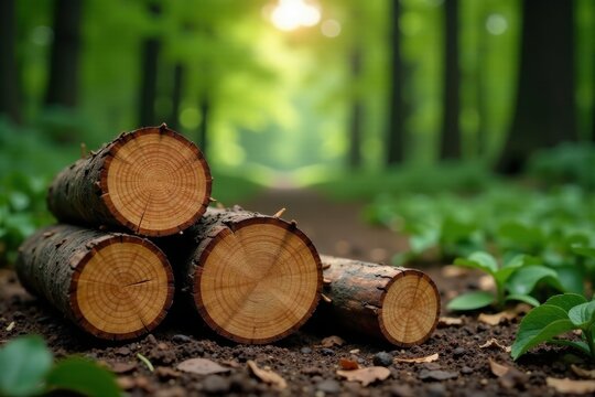 Forest Path with Stacked Wood Logs Showing Annual Rings in a Lush Green Woodland Setting