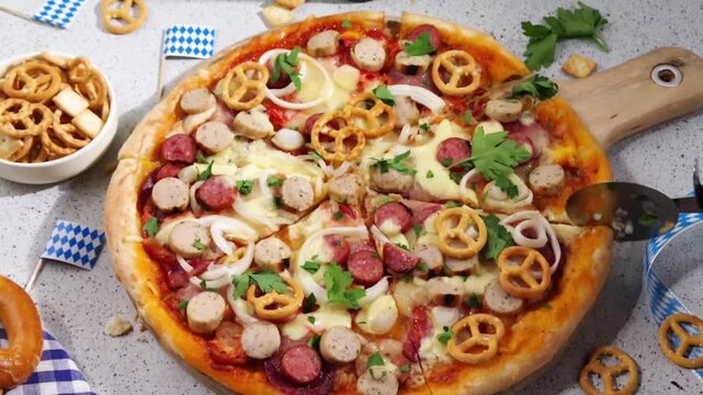 Oktoberfest Pizza with various bavarian sausages, beer and pretzels, beer snacks with festive decorations and bavarian flags, Oktoberfest party and picnic food idea