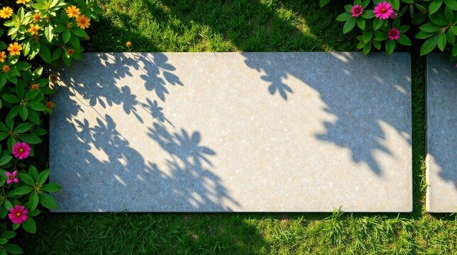 Serene Garden Path Sunlight Dappled Stone Slab Between Vibrant Blossoms and Lush Green Grass