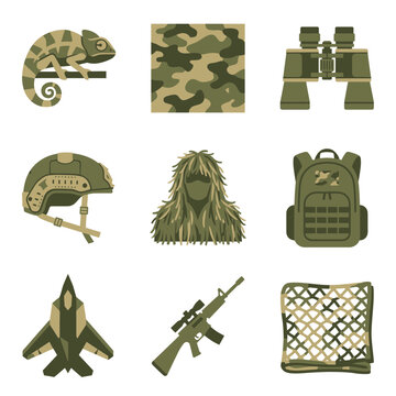 Camouflage Icons Set: Chameleon, Military Gear, Binoculars, Rifle, Jet, Ghillie Suit