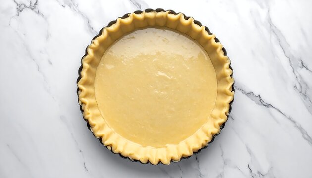 An uncooked pie crust sits on a marble surface