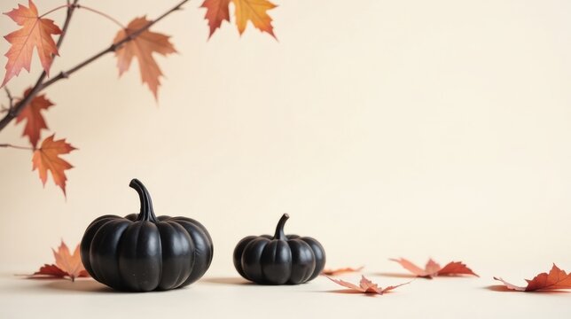 Autumnal Still Life Featuring Two Black Pumpkins and Fallen Leaves on a Neutral Background