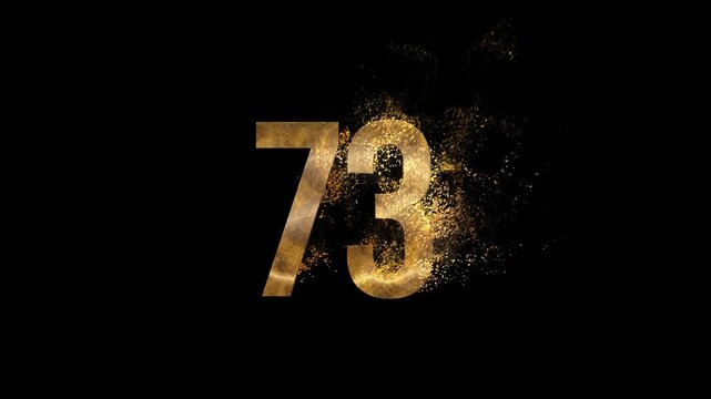 Beautiful Golden Number 73 with golden particles and transparent background, golden number seventy three