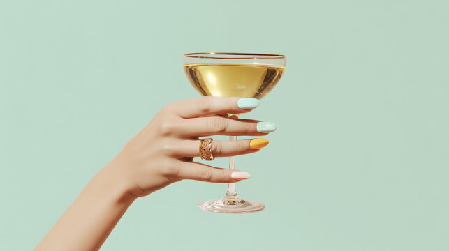 Vintage Retro Female Hand Holding Cocktail Isolated on Plain Background, 1960s and 1970s Inspired Fashion, Classic Beverage, Minimal Pop Art and Mid-Century Lifestyle Concept vinta