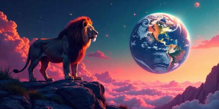 Majestic Lion Surveys a Dreamlike Planet from a Mountaintop Pinnacle