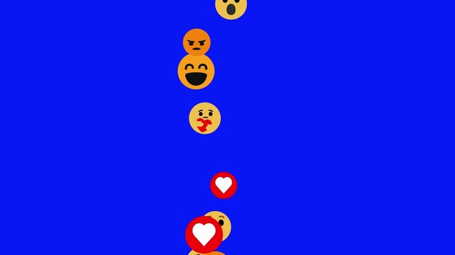 Dynamic emoji reactions motion graphic with social media hearts on blue screen chroma key background.