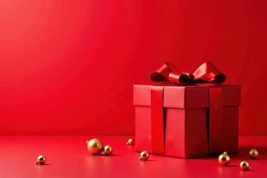 A crimson gift box adorned with a luxurious satin ribbon, nestled amidst shimmering golden ornaments on a vibrant red surface.