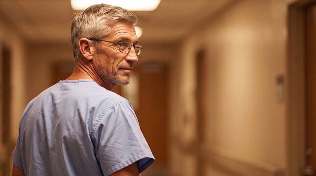 Senior Caucasian man in blue scrubs stands in a hospital corridor. He has gray hair and glasses, looking back with a thoughtful expression.