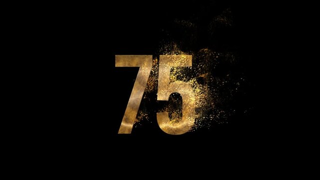Beautiful Golden Number 75 with golden particles and transparent background, golden number seventy five