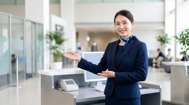 画像のタイトル：明るいホテルのフロントや空港の受付カウンターで、笑顔で案内・歓迎のジェスチャーをする制服姿のアジア系女性スタッフ。ホスピタリティ、接客サービス、コンシェルジュ、受付窓口のイメージ
