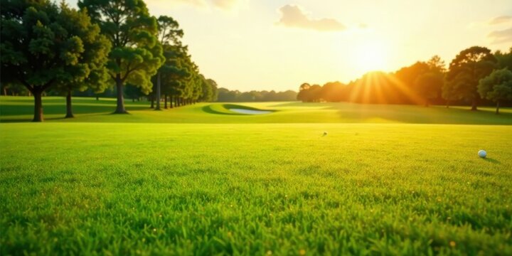Golden Hour on a Lush Green Golf Course with Golf Balls in the Distance
