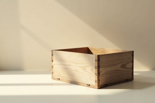 Empty Light Wood Box in Soft Sunlight on White Surface