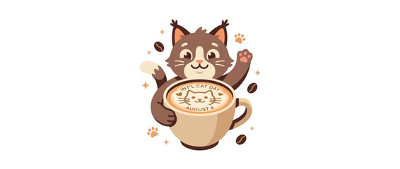 Fototapeta premium Cute cartoon cat holding coffee cup with latte art