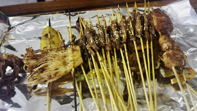 Grilled BBQ Skewers with Meat and Vegetables Close-up Food Photography