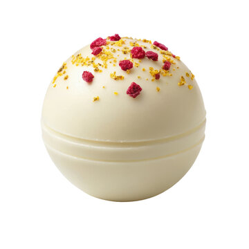 White chocolate cocoa bomb with raspberry topping for gourmet hot chocolate gifts