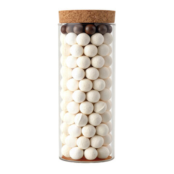 Glass storage jar with cork lid filled with mini marshmallows for pantry organization