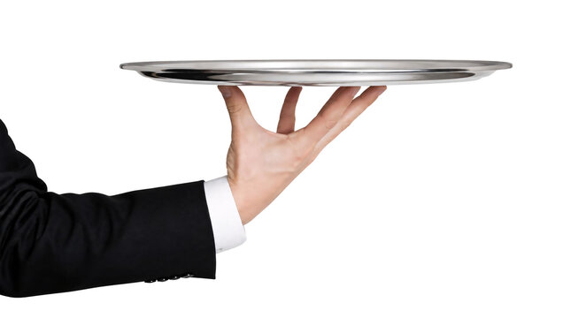Waiter hand holding silver tray isolated on transparent background