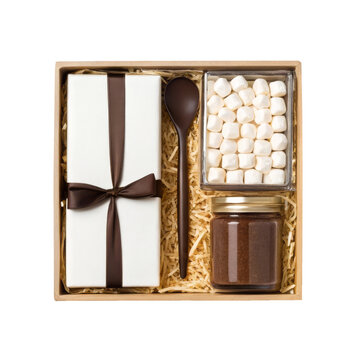 Holiday hot chocolate gift box with marshmallows cocoa mix and spoon