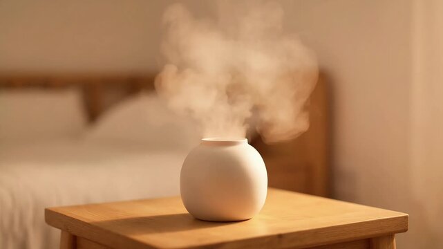 Essential oil diffuser in bedroom. Ultrasonic aromatherapy device emitting mist for relaxation.