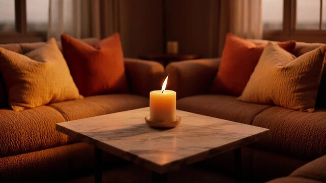 Cozy living room atmosphere with a single burning candle on a marble coffee table between comfortable sofas