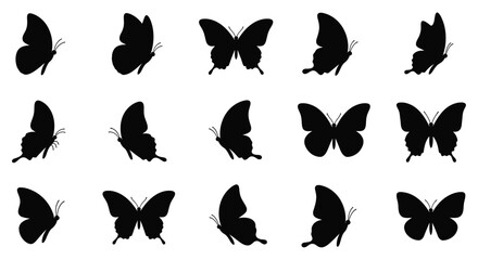 Collection of black butterfly silhouettes arranged in a scattered artistic pattern © Saidul_Studio1984