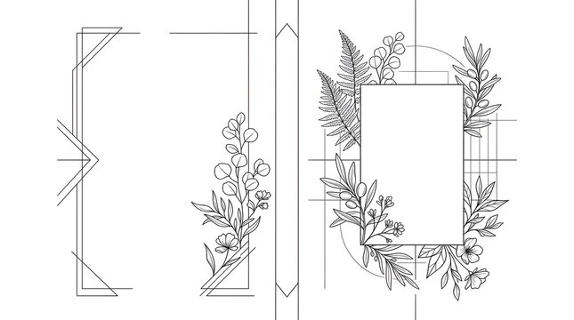 : Elegant black and white composition featuring botanical line art leaves (ferns, olives, eucalyptus) framed by geometric borders and lines. Designed for wedding stationery, editorial layouts, and bra