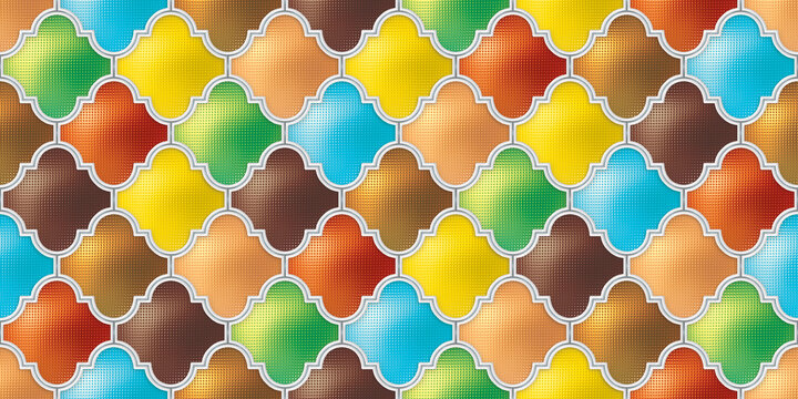Colorful Moroccan tile pattern, vibrant arabesque ceramic mosaic background, multi-colored lantern shape wall texture for interior design and decor