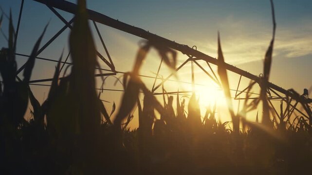 The irrigation system towers over the corn as the sun sets behind the irrigation pipes. Silhouettes of corn stalks and irrigation system create patterns in the evening light.