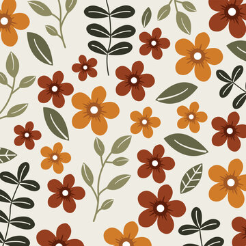 Retro Terracotta and Orange Floral Seamless Pattern with Botanical Leaves