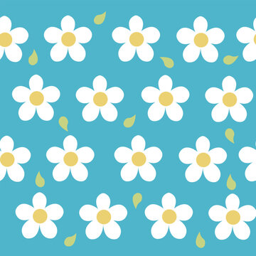 Cute Daisy Floral and Leaves Seamless Pattern on Sky Blue Background