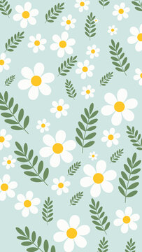 Cute Daisy Floral and Green Leaves Seamless Pattern on Light Blue Background