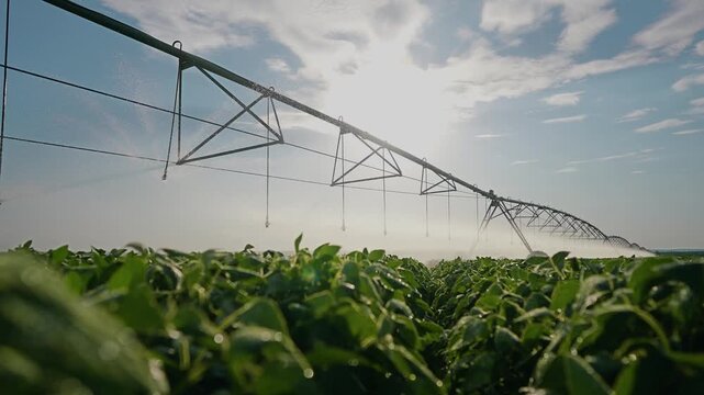 The green crops are watered by the irrigation system under the bright sun. Bright sun and irrigation system ensure the green crops receive water and thrive in the field.