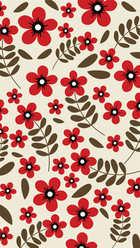 Retro Red Floral and Brown Leaves Seamless Pattern on Cream Background
