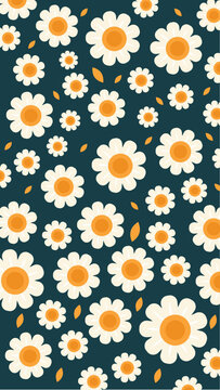 Retro Daisy Floral Seamless Pattern on Dark Teal Background